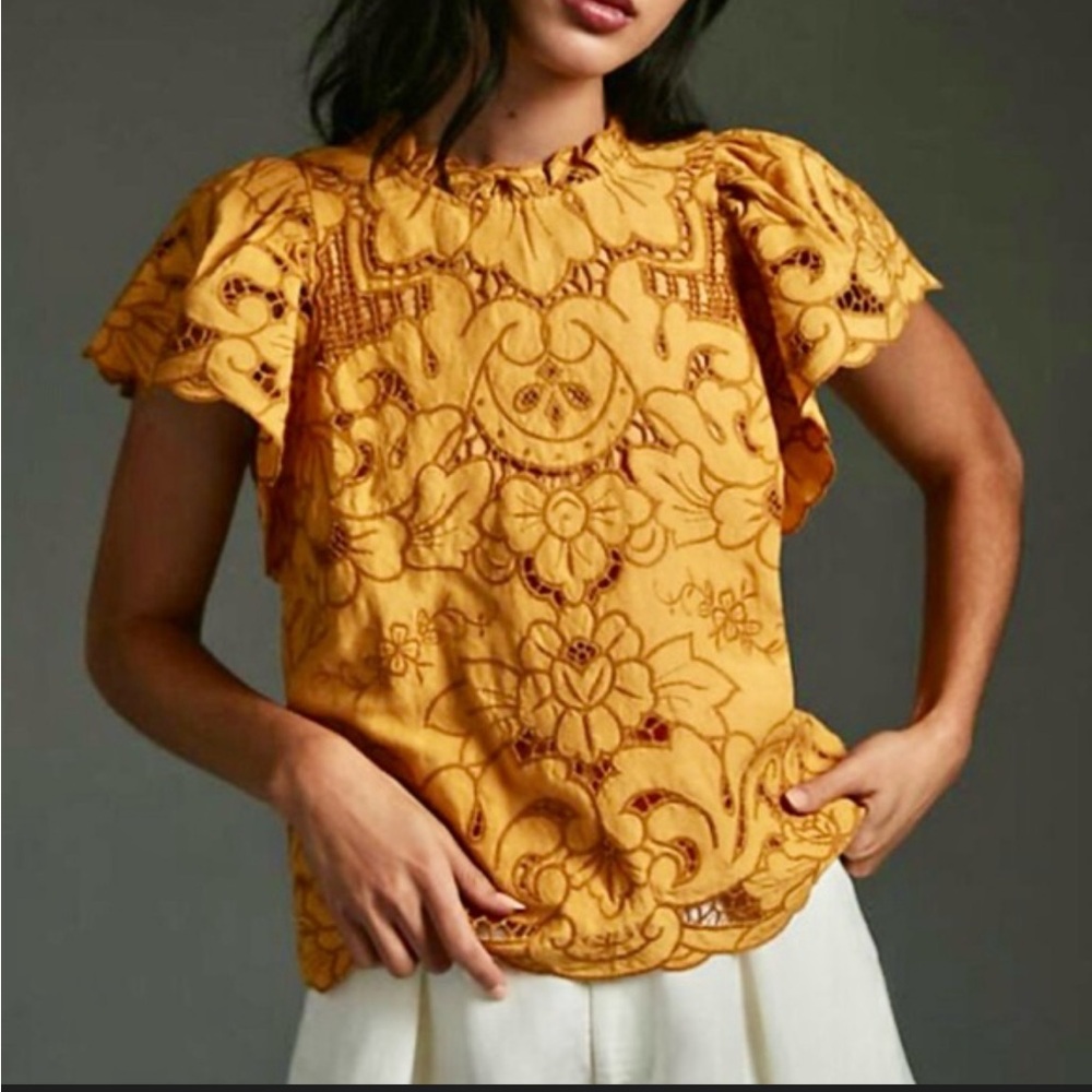 Anthropologie "The Lainie" floral cutwork lace top in yellow gold